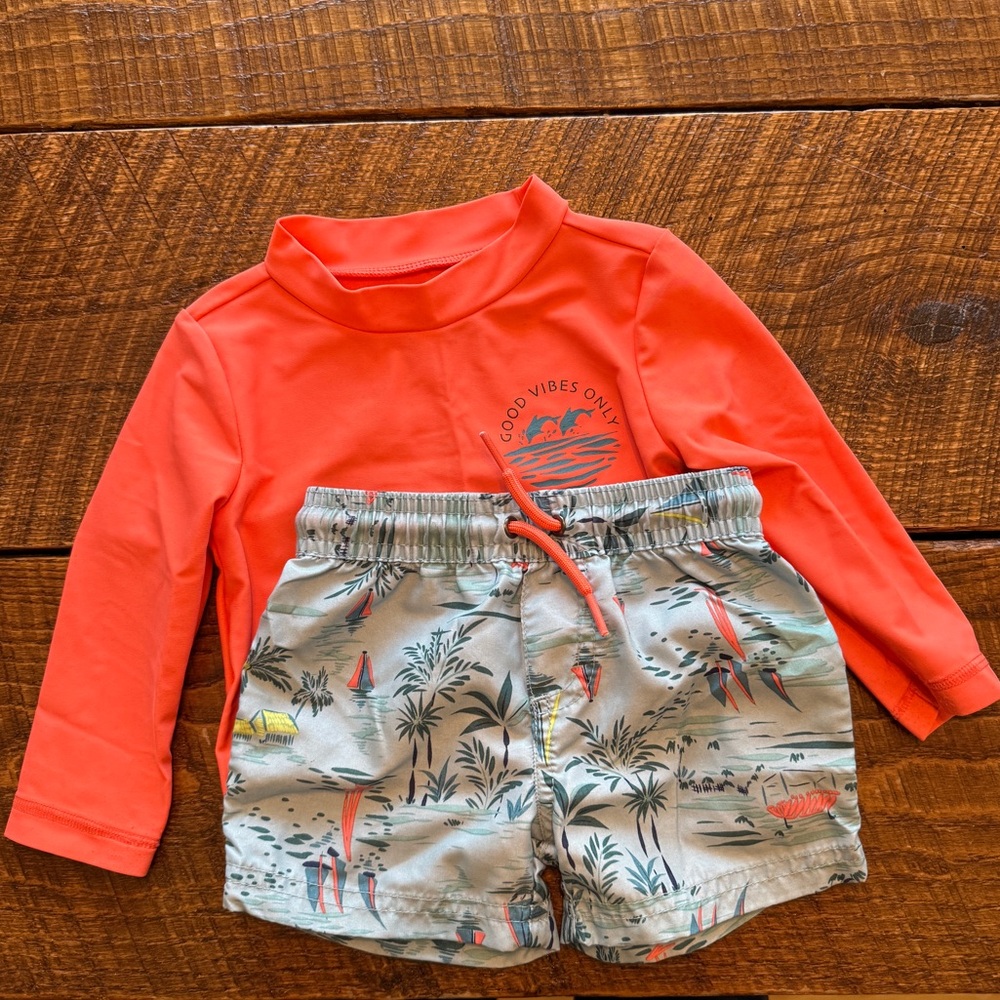 Carter's Coral Long-Sleeve Rashguard with Printed Swim Shorts